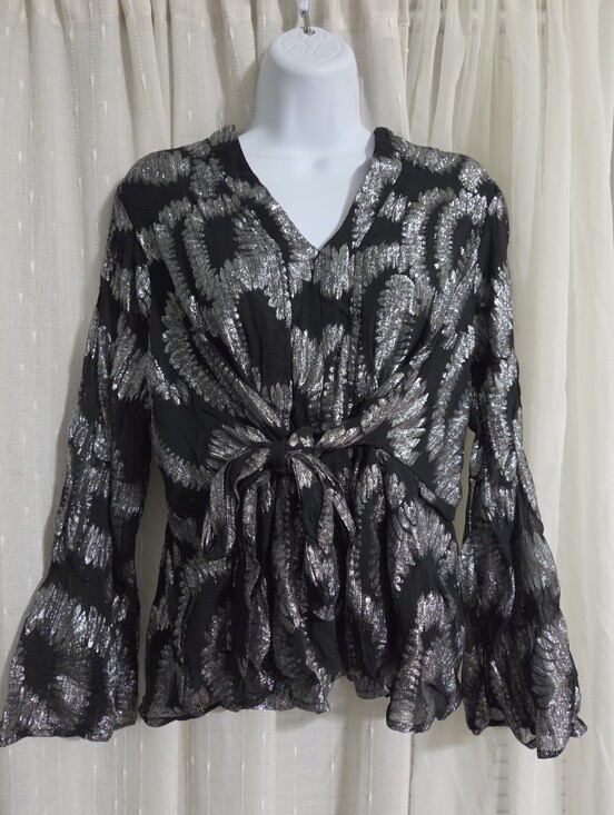 Kaktus Tops - Kaktus Black & Silver Tie-Front Metallic Blouse
